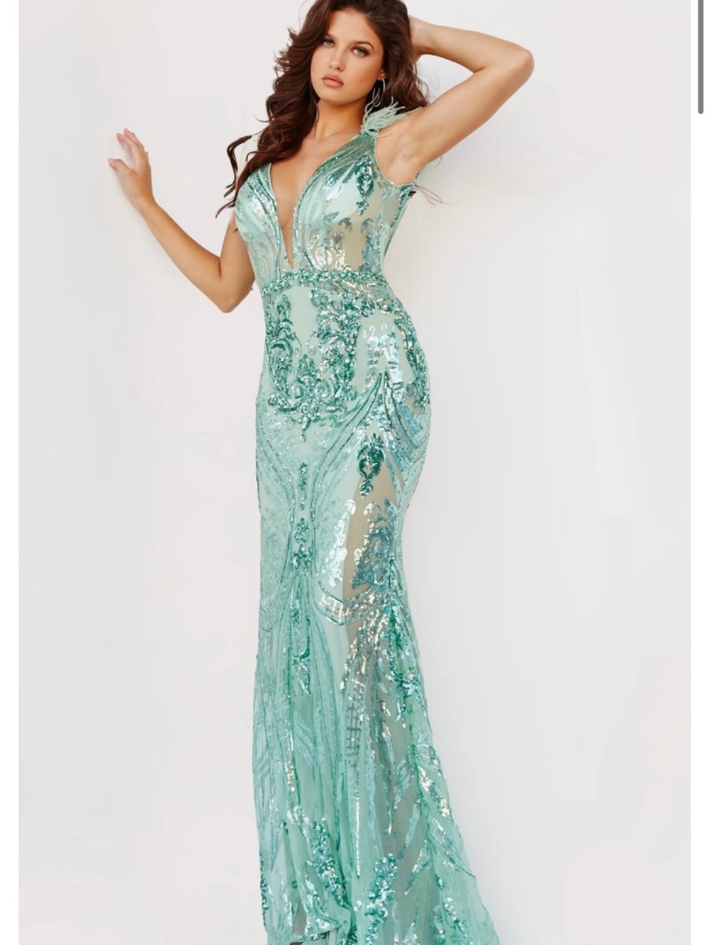 Jovani Aqua Sequin Embellished Plunging V-Neck Gown